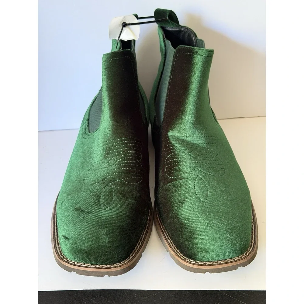 Men's Western Chelsea Boots Green Slip-On Square Toe Cowboy Ankle Shoes C-5